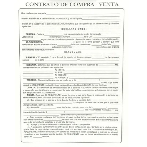 Hoja De Contrato De Compra Venta